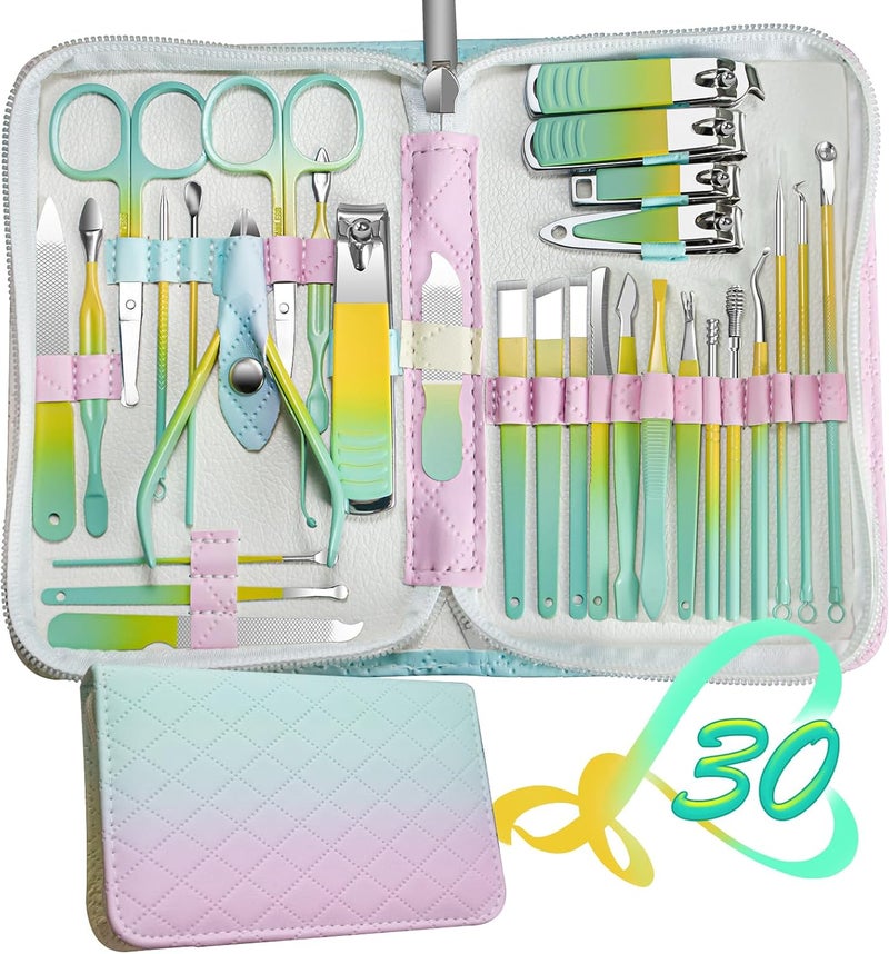Red Flow Manicure Set 30 in 1 Nail Clippers Set,Nail Manicure Kit for Women, Toenail Clippers,Pedicure Kit,Pedicure Tools,Suitable for Travel Manicure Tools,Toe Nail Kit,Nail Care Kit(Yellow Green) - Image 1